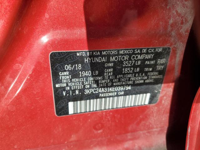 3KPC24A31KE039794 - 2019 HYUNDAI ACCENT SE 红色 照片 12