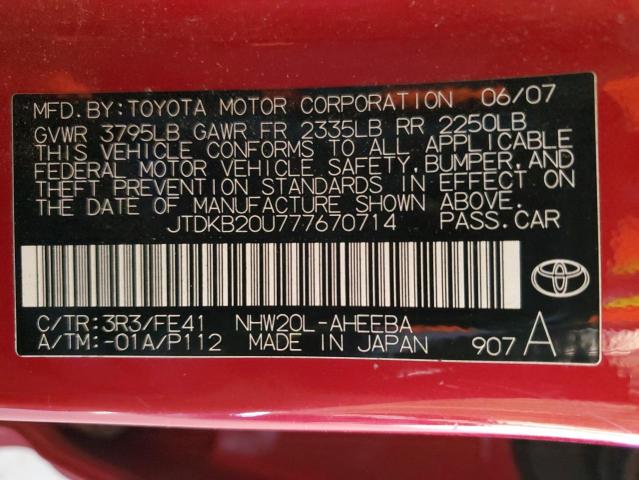 JTDKB20U777670714 - 2007 TOYOTA PRIUS RED photo 12