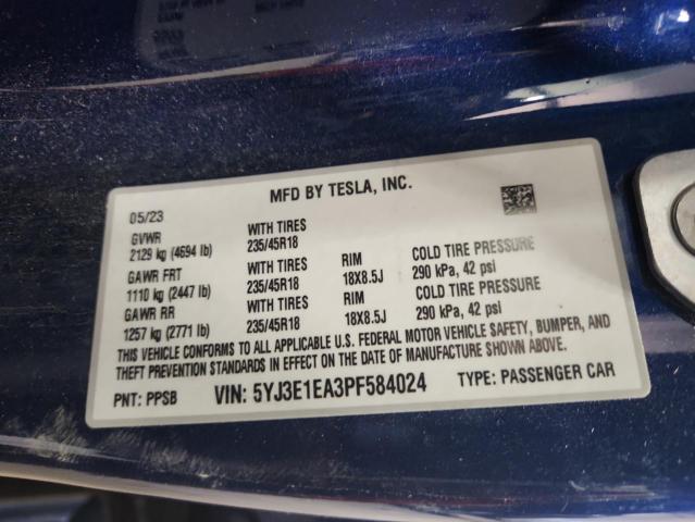 5YJ3E1EA3PF584024 - 2023 TESLA MODEL 3 BLUE photo 12