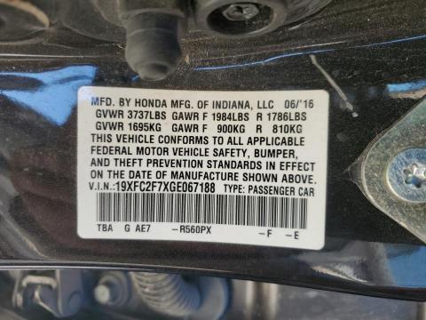 19XFC2F7XGE067188 - 2016 HONDA CIVIC EX BLACK photo 12