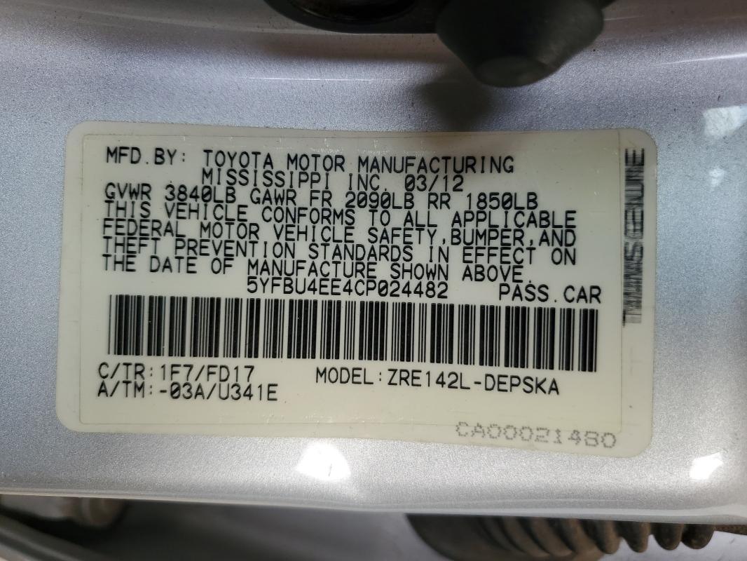 5YFBU4EE4CP024482 - 2012 TOYOTA COROLLA BASE SILVER photo 12