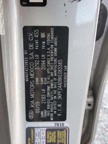 3KPF24AD8KE083345 - 2019 KIA FORTE FE GRAY photo 12