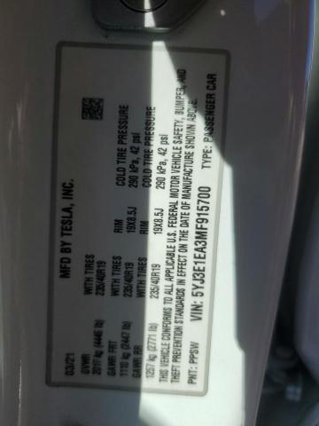 5YJ3E1EA3MF915700 - 2021 TESLA MODEL 3 WHITE photo 13
