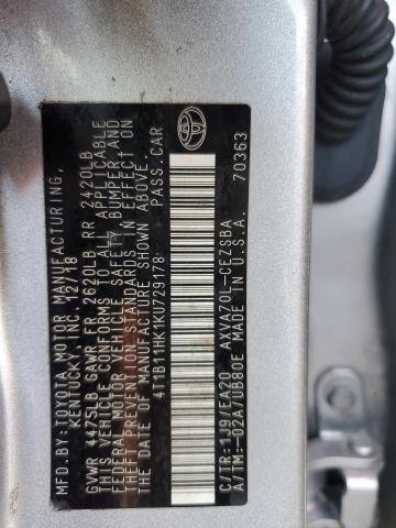 4T1B11HK1KU729178 - 2019 TOYOTA CAMRY L SILVER photo 12