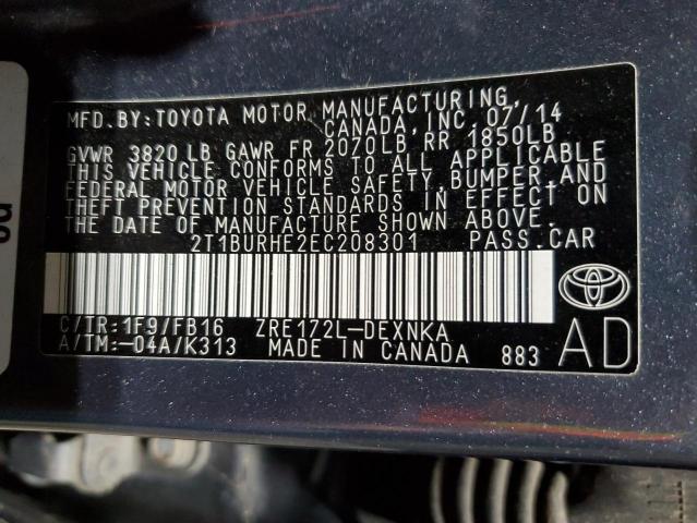 2T1BURHE2EC208301 - 2014 TOYOTA COROLLA L GRAY photo 13