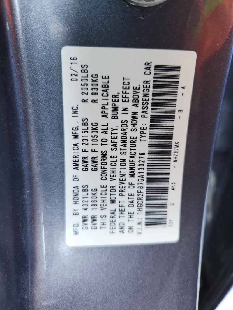 1HGCR2F87GA130276 - 2016 HONDA ACCORD EXL Boz foto 12