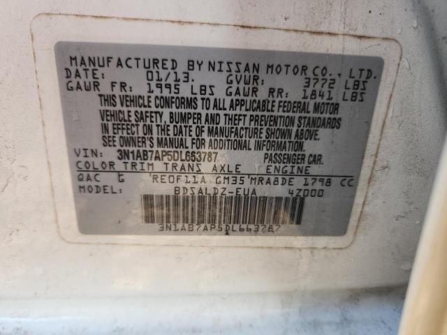 3N1AB7AP5DL663787 - 2013 NISSAN SENTRA S WHITE photo 13