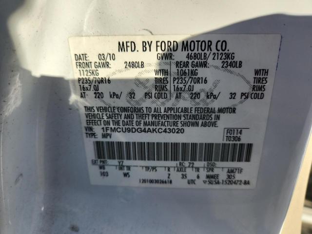 1FMCU9DG4AKC43020 - 2010 FORD ESCAPE XLT WHITE photo 13