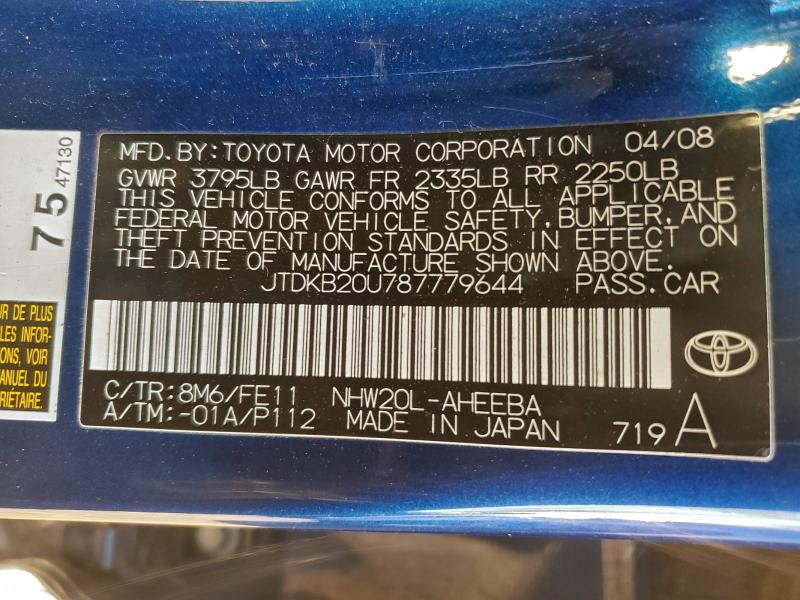 JTDKB20U787779644 - 2008 TOYOTA PRIUS BLUE photo 12