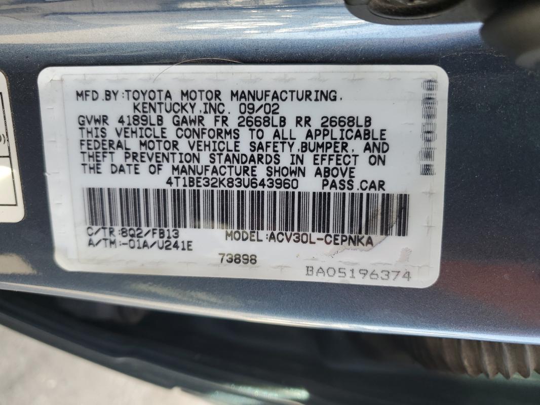 4T1BE32K83U643960 - 2003 TOYOTA CAMRY LE BLUE photo 12