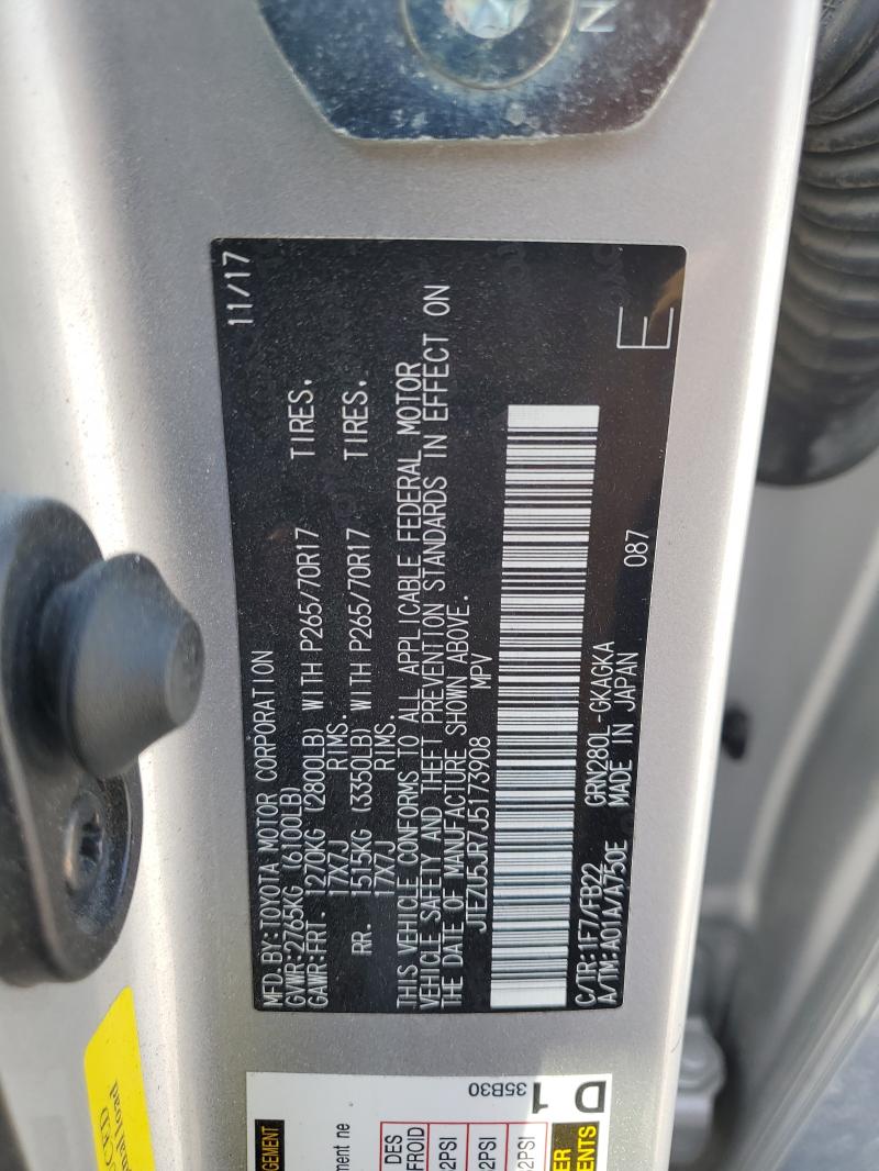 JTEZU5JR7J5173908 - 2018 TOYOTA 4RUNNER SR5 银色 照片 14