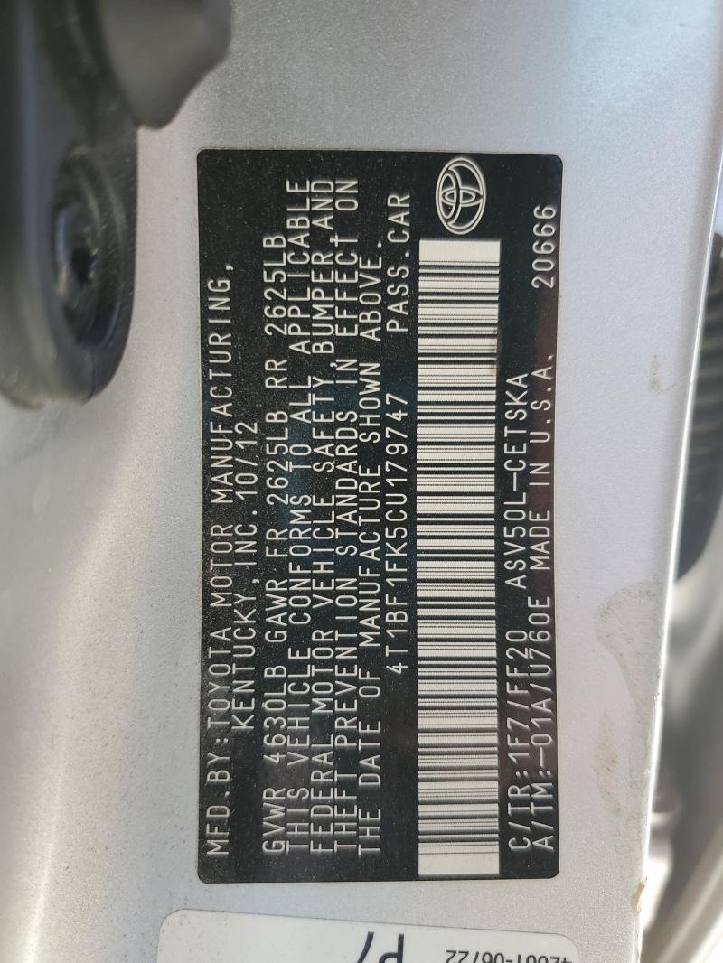 4T1BF1FK5CU179747 - 2012 TOYOTA CAMRY BASE SILVER photo 12