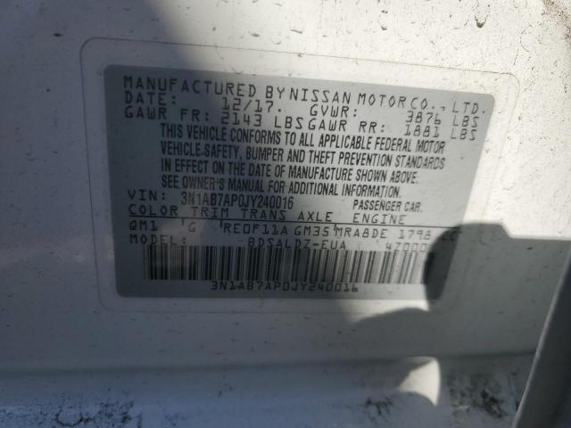 3N1AB7AP0JY240016 - 2018 NISSAN SENTRA S WHITE photo 12