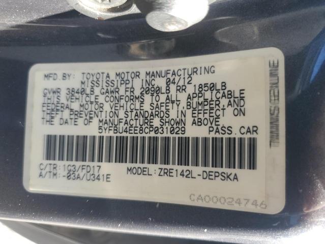 5YFBU4EE8CP031029 - 2012 TOYOTA COROLLA BASE Серый фото 12