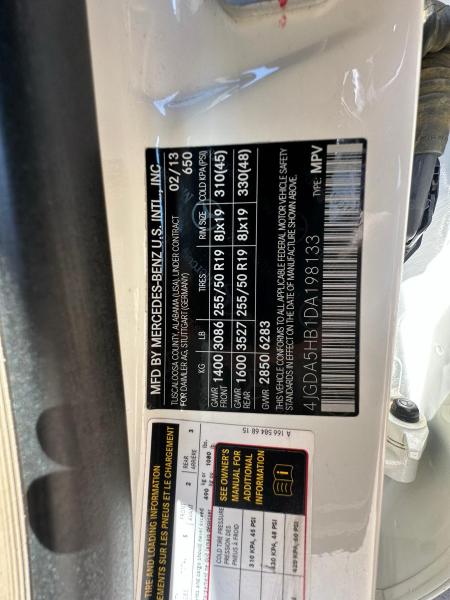 4JGDA5HB1DA198133 - 2013 MERCEDES-BENZ ML 350 4MATIC WHITE photo 10