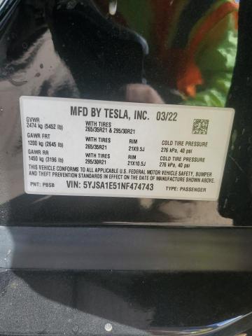 5YJSA1E51NF474743 - 2022 TESLA MODEL S 黑色 照片 12