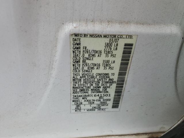 5N1AR18U97C641501 - 2007 NISSAN PATHFINDER LE თეთრი ფოტო 14