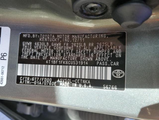 4T1BF1FK6CU531914 - 2012 TOYOTA CAMRY BASE GRAY photo 12