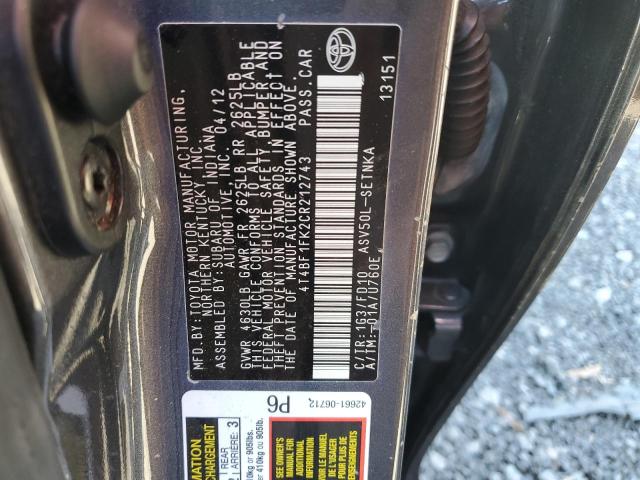4T4BF1FK2CR212743 - 2012 TOYOTA CAMRY BASE GRAY photo 12