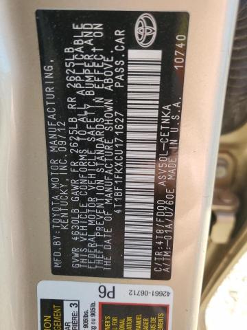 4T1BF1FKXCU171627 - 2012 TOYOTA CAMRY BASE CREAM photo 12