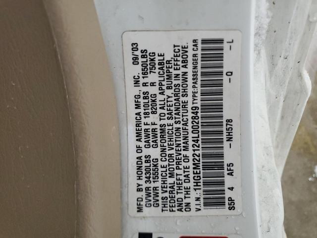 1HGEM22124L002849 - 2004 HONDA CIVIC DX VP თეთრი ფოტო 12