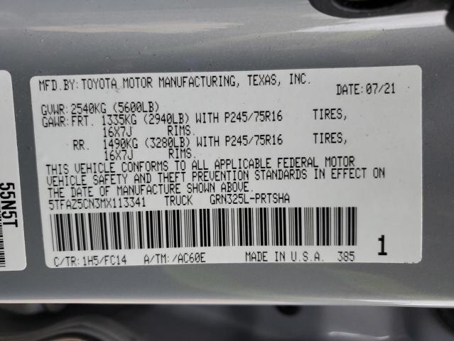 5TFAZ5CN3MX113341 - 2021 TOYOTA TACOMA DOUBLE CAB GRAY photo 13