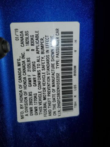 2HGFC3B32KH352202 - 2019 HONDA CIVIC EX Mavi foto 12