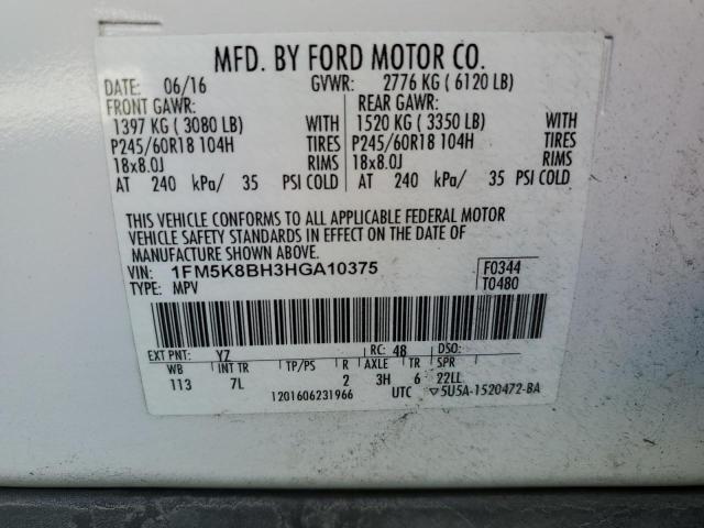 1FM5K8BH3HGA10375 - 2017 FORD EXPLORER WHITE photo 13