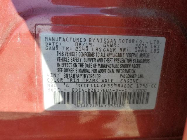 3N1AB7AP1KY395109 - 2019 NISSAN SENTRA S 红色 照片 12