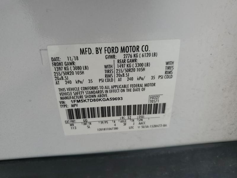 1FM5K7D80KGA59693 - 2019 FORD EXPLORER XLT Beyaz fotoğraf 13