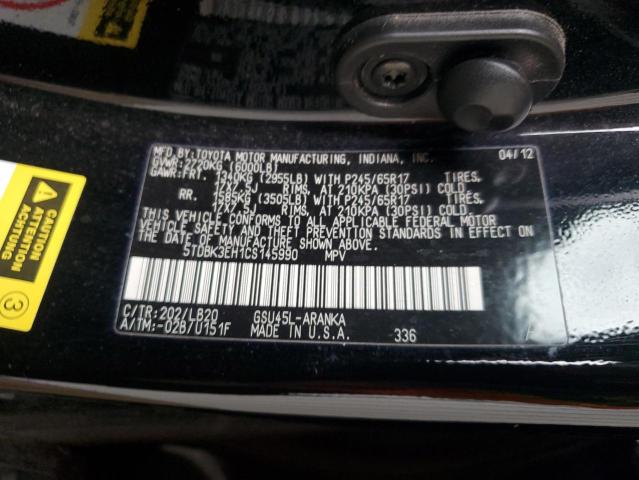 5TDBK3EH1CS145990 - 2012 TOYOTA HIGHLANDER BASE Қара фото 14