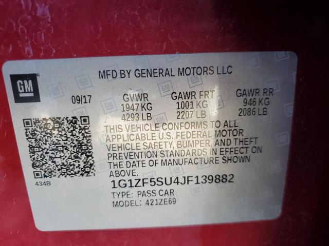1G1ZF5SU4JF139882 - 2018 CHEVROLET MALIBU HYBRID RED photo 12