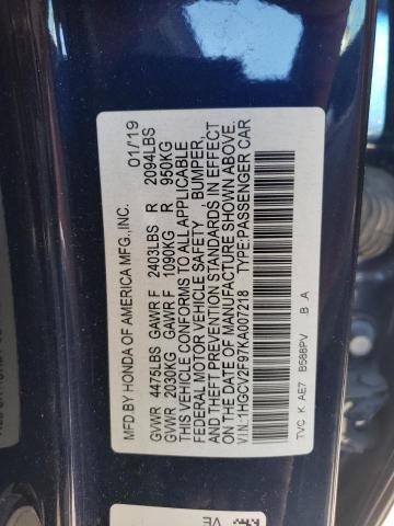 1HGCV2F97KA007218 - 2019 HONDA ACCORD TOURING Синий фото 12