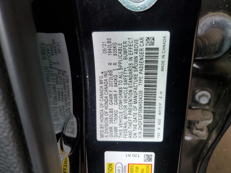 2HGFE2F56NH504339 - 2022 HONDA CIVIC SPORT BLACK photo 12