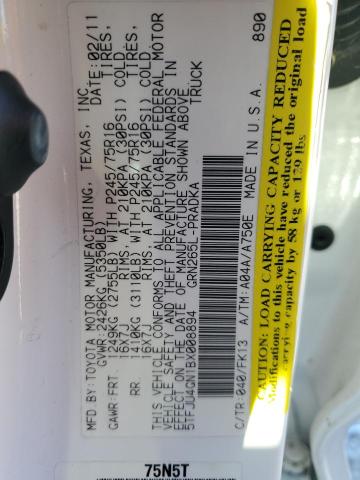 5TFJU4GN1BX008894 - 2011 TOYOTA TACOMA DOUBLE CAB PRERUNNER WHITE photo 12