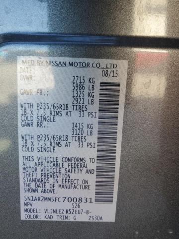 5N1AR2MM5FC700831 - 2015 NISSAN PATHFINDER S GRAY photo 13