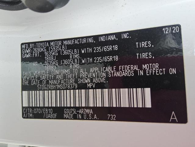 5TDGZRBH1MS078379 - 2021 TOYOTA HIGHLANDER XLE თეთრი ფოტო 13