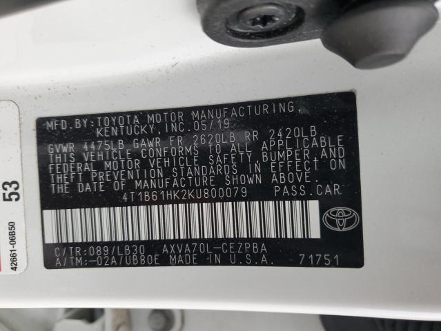 4T1B61HK2KU800079 - 2019 TOYOTA CAMRY XSE Ақ фото 13