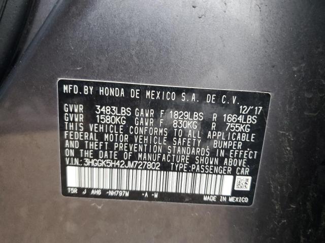 3HGGK5H42JM727802 - 2018 HONDA FIT LX GRAY photo 12