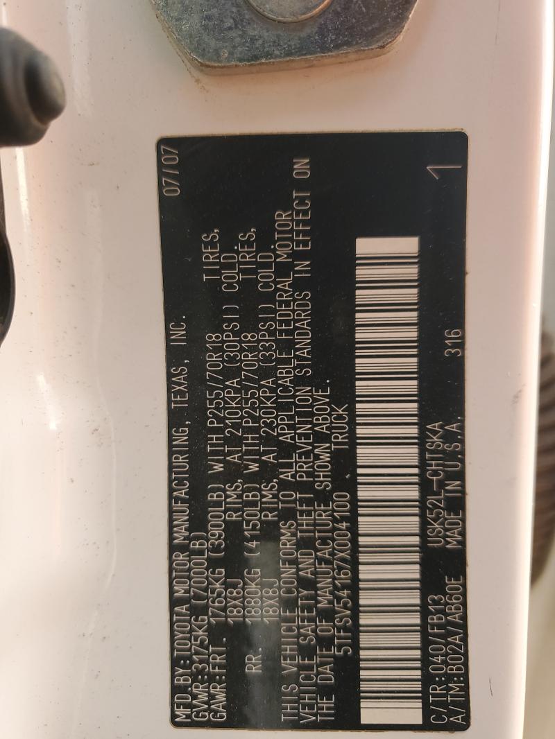 5TFSV54167X004100 - 2007 TOYOTA TUNDRA DOUBLE CAB SR5 WHITE photo 12