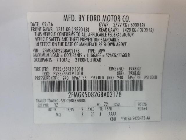 2FMGK5D82GBA02178 - 2016 FORD FLEX LIMITED თეთრი ფოტო 13