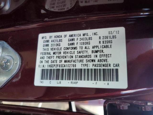1HGCP2F85CA102766 - 2012 HONDA ACCORD EXL MAROON photo 12