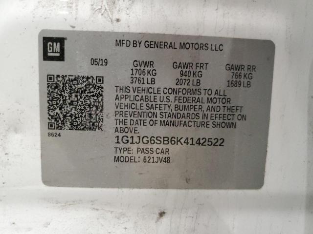 1G1JG6SB6K4142522 - 2019 CHEVROLET SONIC WHITE photo 12