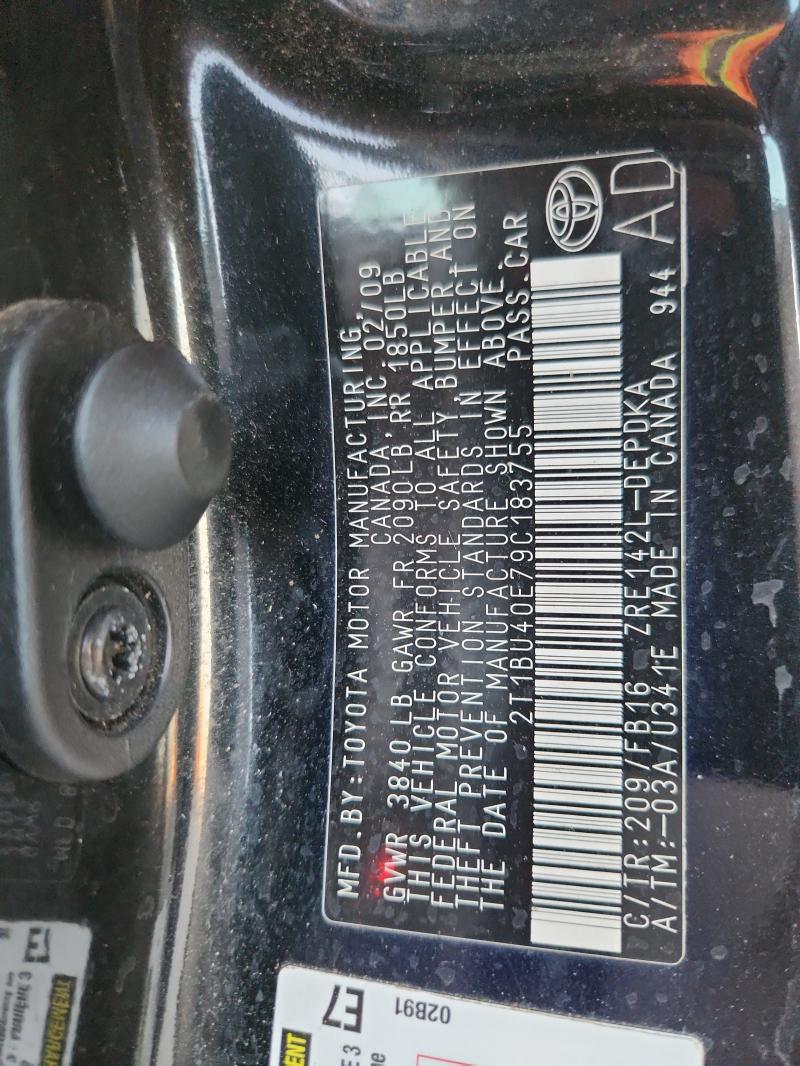 2T1BU40E79C183755 - 2009 TOYOTA COROLLA BASE BLACK photo 12