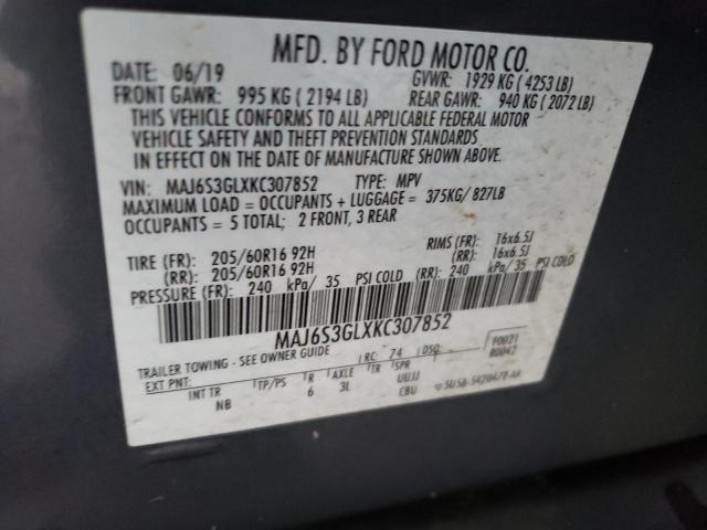 MAJ6S3GLXKC307852 - 2019 FORD ECOSPORT SE ნაცრისფერი ფოტო 12