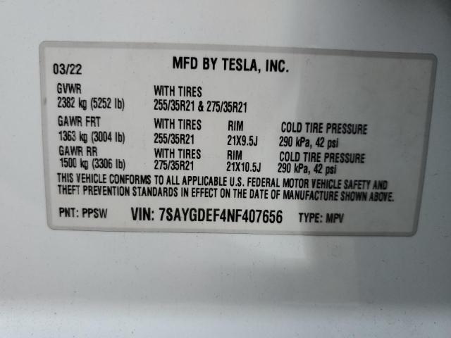 7SAYGDEF4NF407656 - 2022 TESLA MODEL Y 白色 照片 13