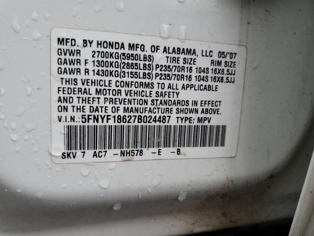 5FNYF18627B024487 - 2007 HONDA PILOT EXL WHITE photo 12
