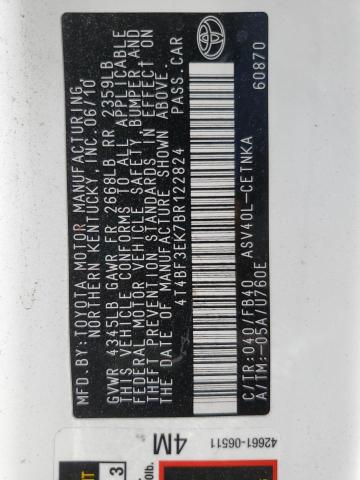 4T4BF3EK7BR122824 - 2011 TOYOTA CAMRY BASE 白色 照片 13