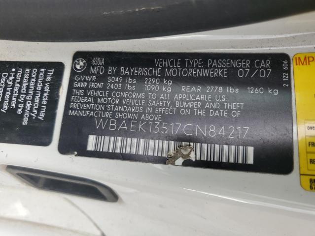 WBAEK13517CN84217 - 2007 BMW 650 I WHITE photo 12