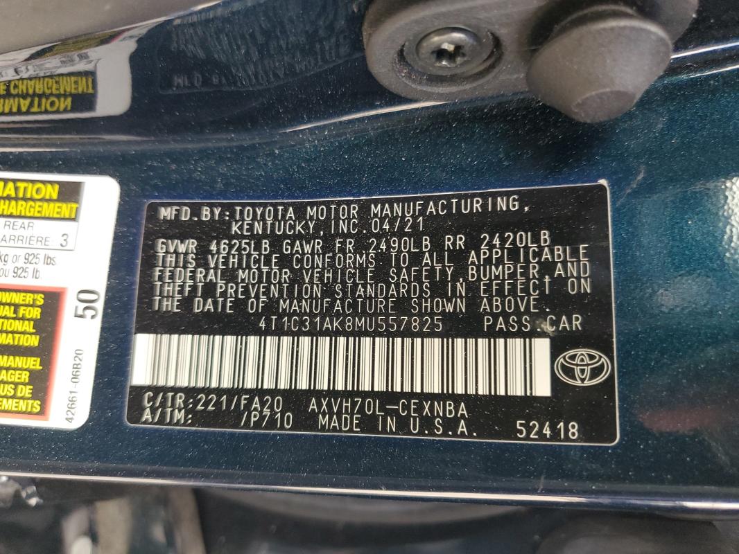 4T1C31AK8MU557825 - 2021 TOYOTA CAMRY LE BLACK photo 12